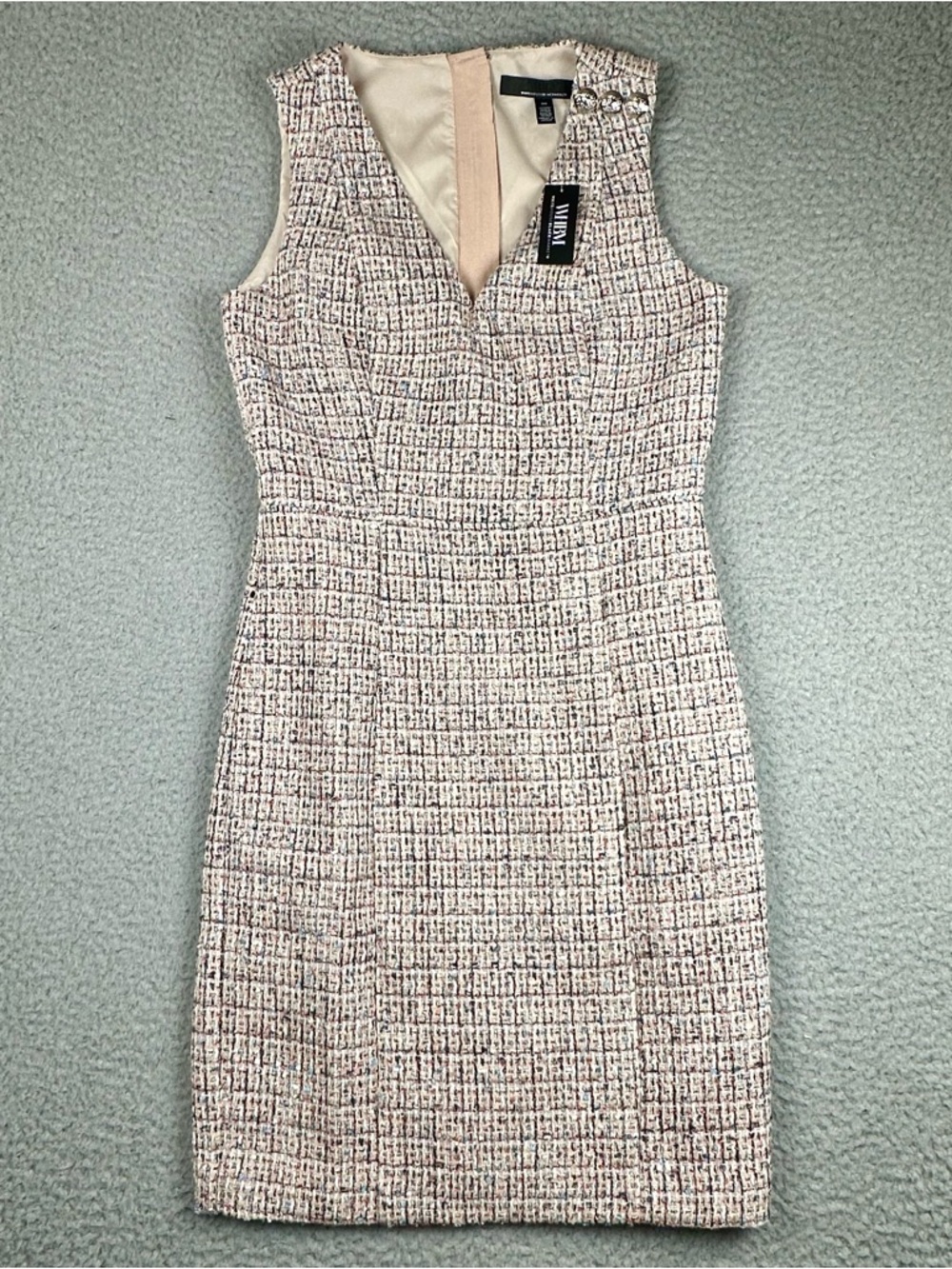 White House Black Market Tweed Sheath Dress 00 Pink Multi Sleeveless V-Neck NWT